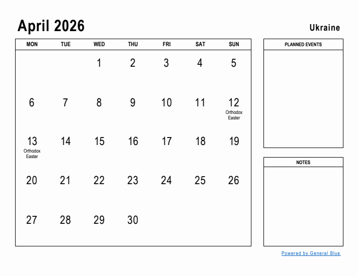 April 2026 Printable Monthly Calendar with Ukraine Holidays