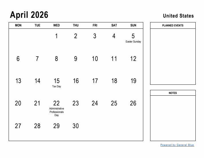 April 2026 Printable Monthly Calendar with United States Holidays