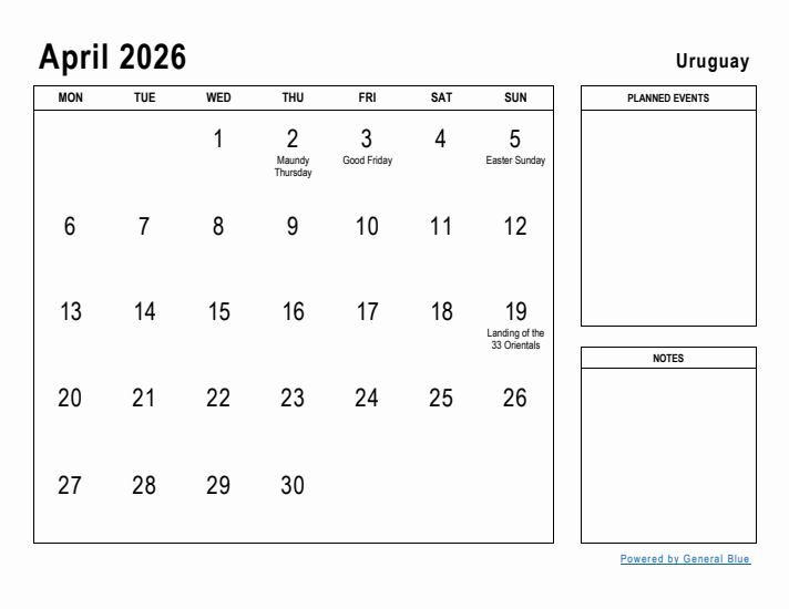 April 2026 Printable Monthly Calendar with Uruguay Holidays