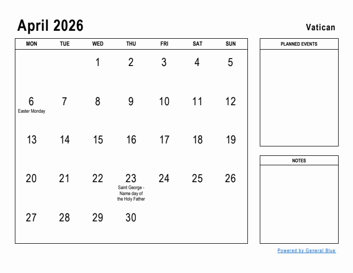 April 2026 Printable Monthly Calendar with Vatican Holidays