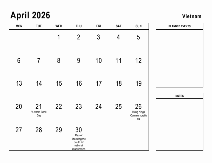 April 2026 Printable Monthly Calendar with Vietnam Holidays