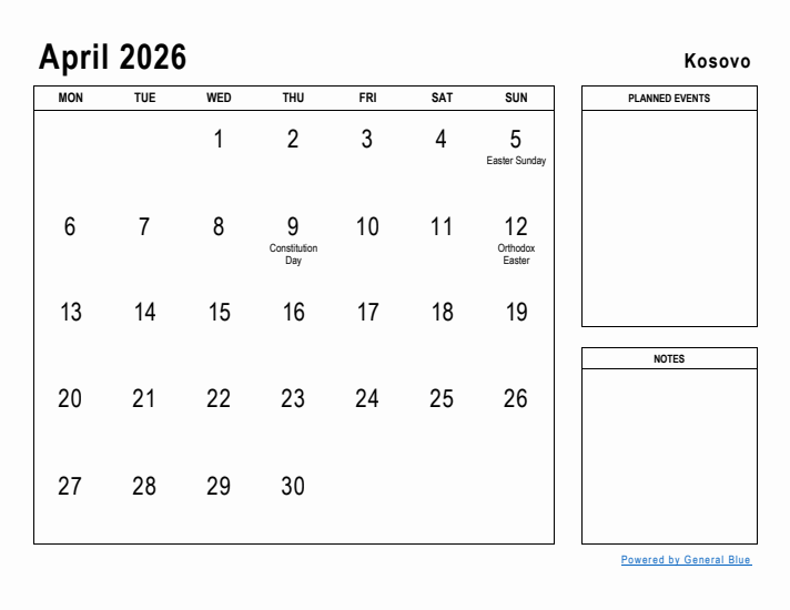 April 2026 Printable Monthly Calendar with Kosovo Holidays