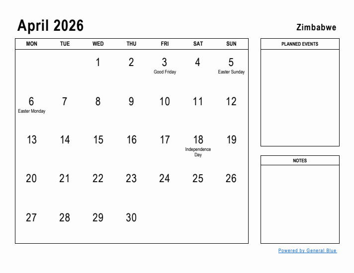 April 2026 Printable Monthly Calendar with Zimbabwe Holidays