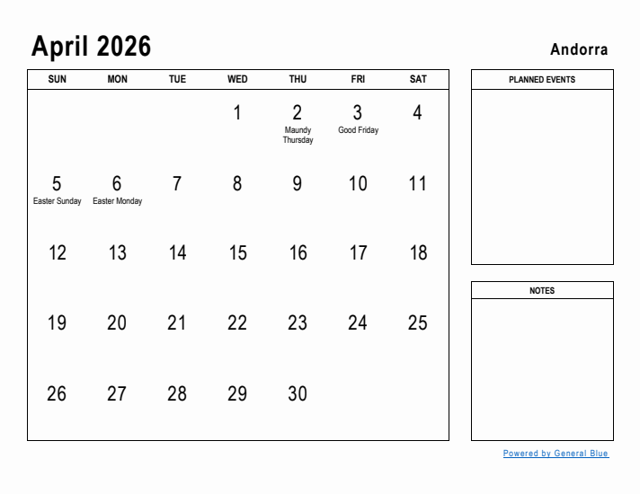 April 2026 Printable Monthly Calendar with Andorra Holidays