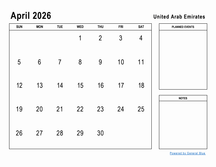 April 2026 Printable Monthly Calendar with United Arab Emirates Holidays