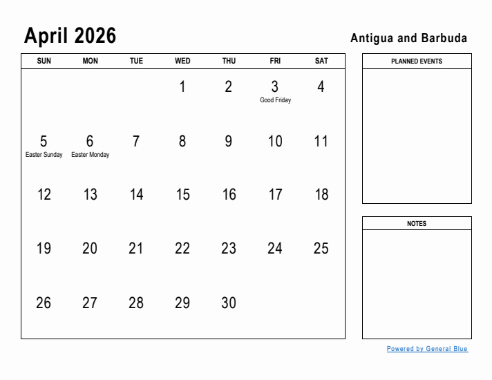 April 2026 Printable Monthly Calendar with Antigua and Barbuda Holidays