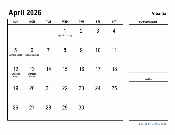 April 2026 Printable Monthly Calendar with Albania Holidays