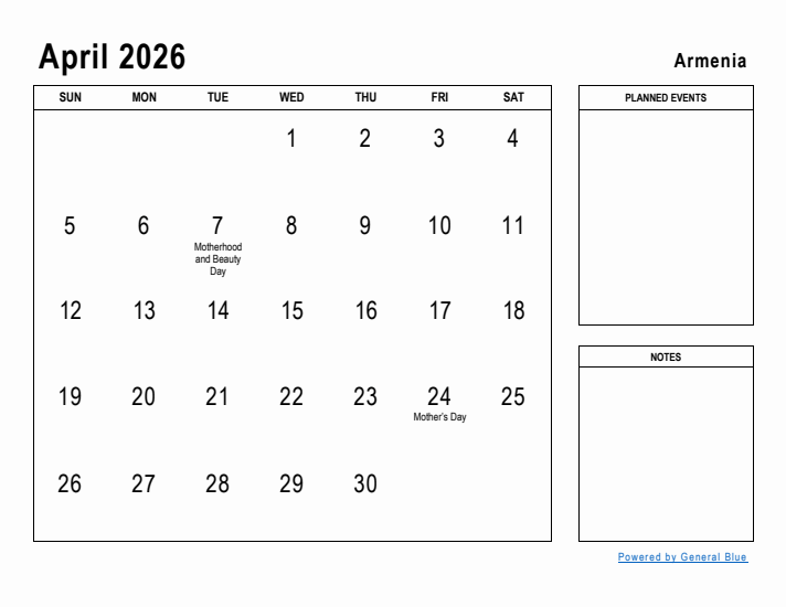 April 2026 Printable Monthly Calendar with Armenia Holidays