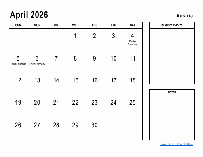 April 2026 Printable Monthly Calendar with Austria Holidays