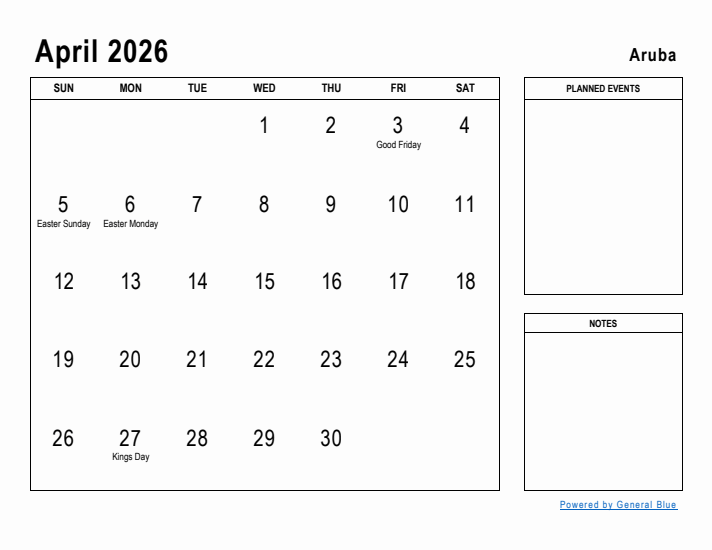 April 2026 Printable Monthly Calendar with Aruba Holidays