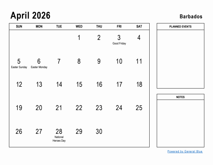 April 2026 Printable Monthly Calendar with Barbados Holidays