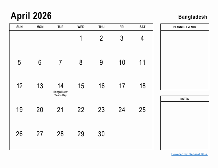 April 2026 Printable Monthly Calendar with Bangladesh Holidays