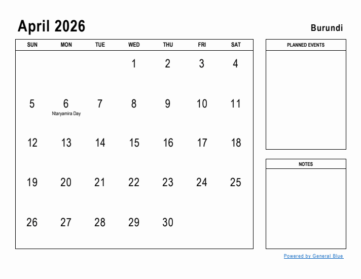 April 2026 Printable Monthly Calendar with Burundi Holidays