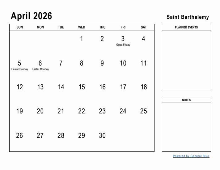 April 2026 Printable Monthly Calendar with Saint Barthelemy Holidays