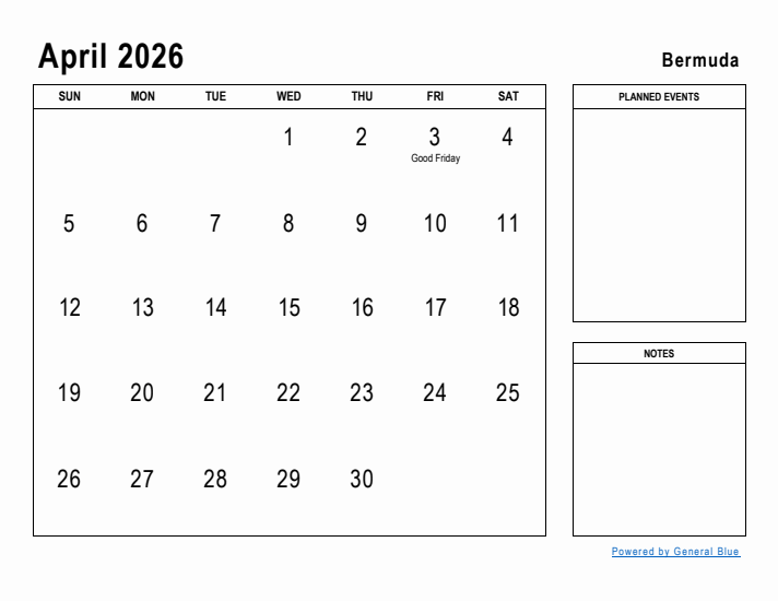 April 2026 Printable Monthly Calendar with Bermuda Holidays