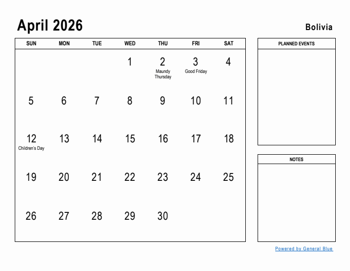 April 2026 Printable Monthly Calendar with Bolivia Holidays