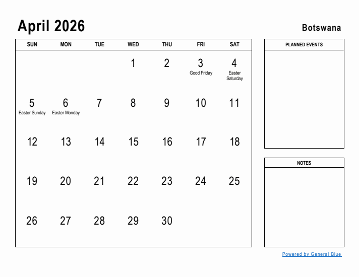 April 2026 Printable Monthly Calendar with Botswana Holidays