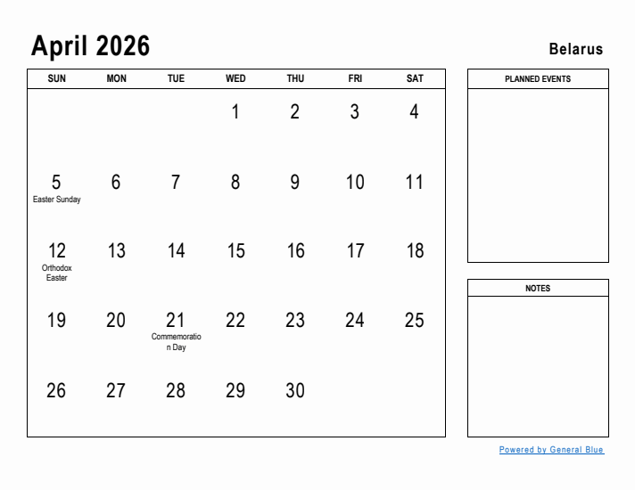 April 2026 Printable Monthly Calendar with Belarus Holidays