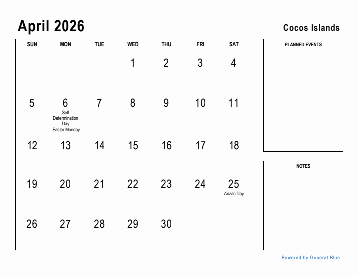 April 2026 Printable Monthly Calendar with Cocos Islands Holidays