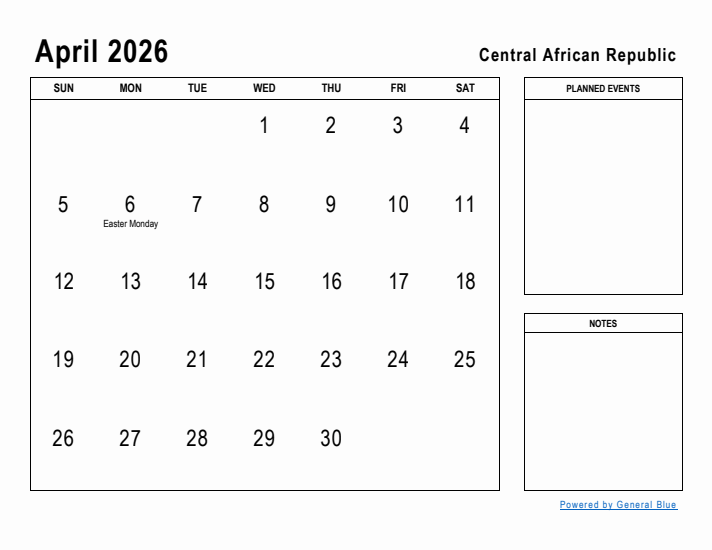 April 2026 Printable Monthly Calendar with Central African Republic Holidays