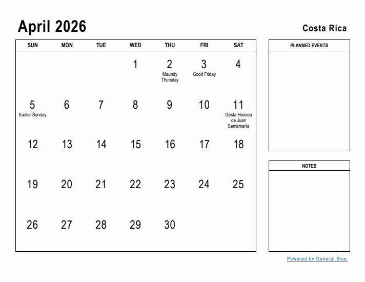 April 2026 Printable Monthly Calendar with Costa Rica Holidays