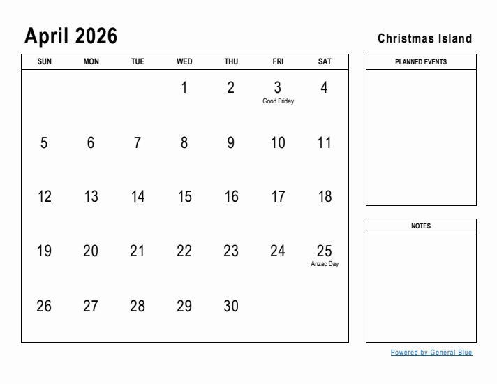 April 2026 Printable Monthly Calendar with Christmas Island Holidays