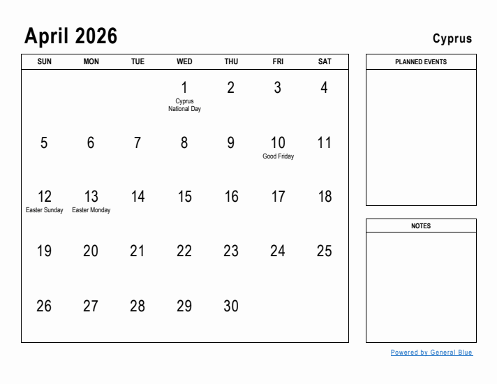 April 2026 Printable Monthly Calendar with Cyprus Holidays