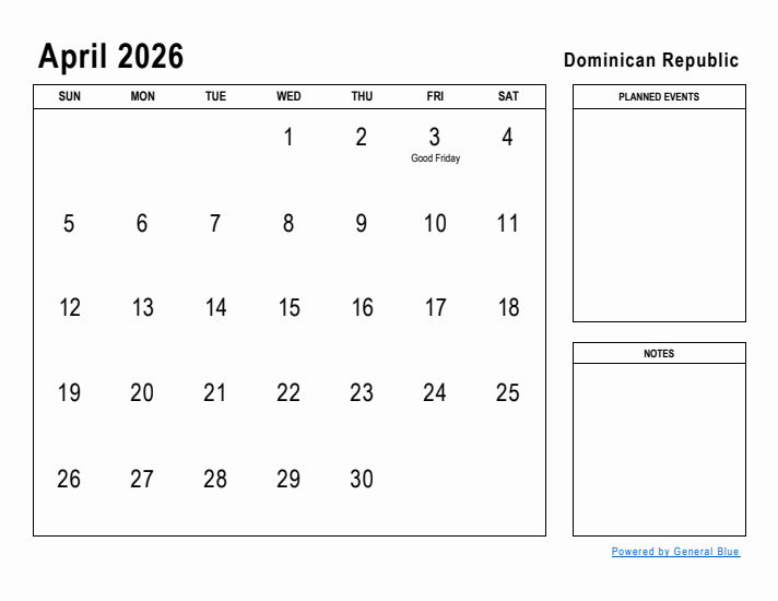 April 2026 Printable Monthly Calendar with Dominican Republic Holidays