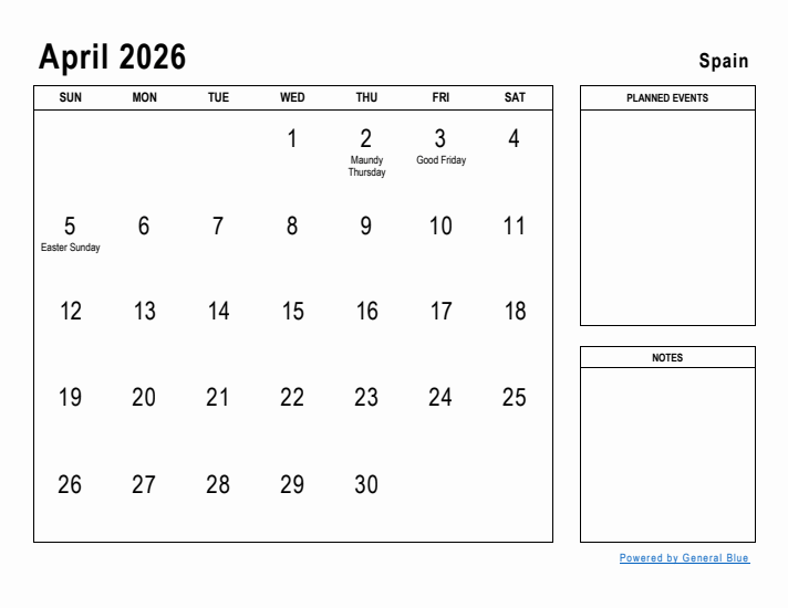 April 2026 Printable Monthly Calendar with Spain Holidays