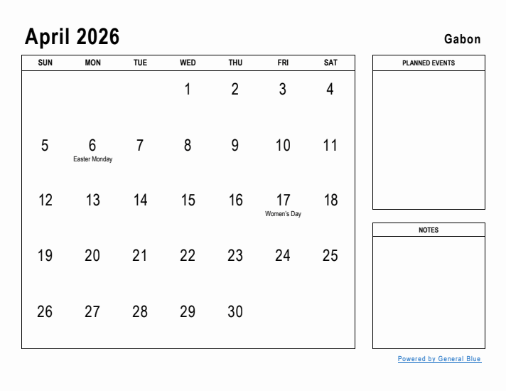 April 2026 Printable Monthly Calendar with Gabon Holidays