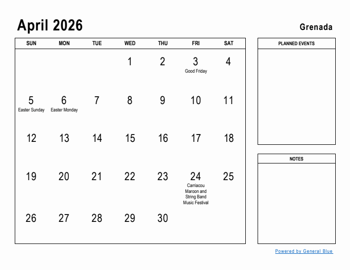 April 2026 Printable Monthly Calendar with Grenada Holidays