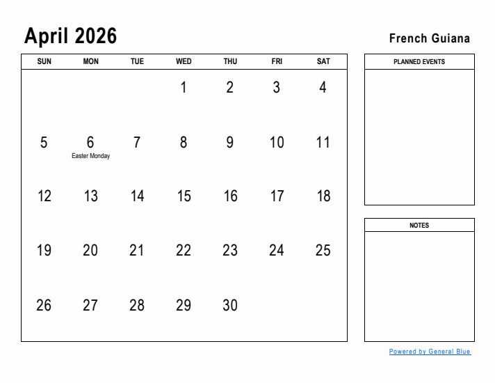 April 2026 Printable Monthly Calendar with French Guiana Holidays