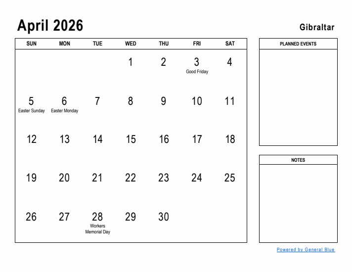 April 2026 Printable Monthly Calendar with Gibraltar Holidays