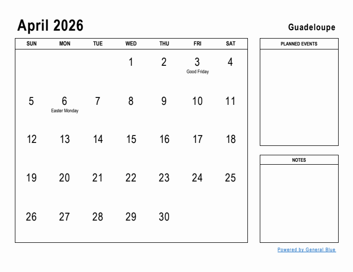 April 2026 Printable Monthly Calendar with Guadeloupe Holidays