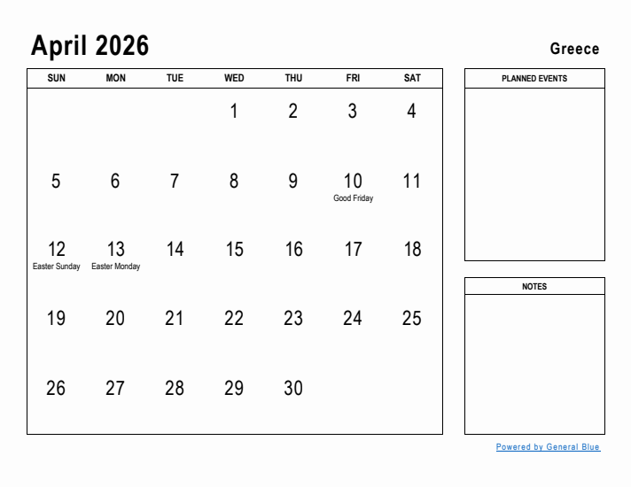 April 2026 Printable Monthly Calendar with Greece Holidays