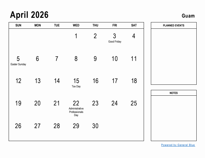 April 2026 Printable Monthly Calendar with Guam Holidays