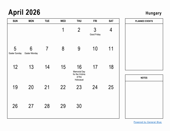 April 2026 Printable Monthly Calendar with Hungary Holidays