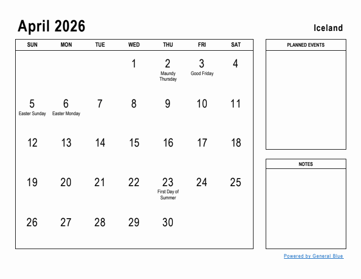 April 2026 Printable Monthly Calendar with Iceland Holidays