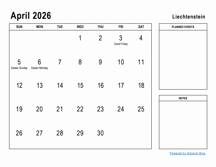 April 2026 Printable Monthly Calendar with Liechtenstein Holidays