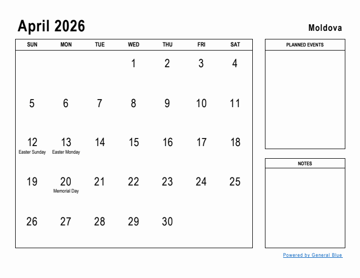 April 2026 Printable Monthly Calendar with Moldova Holidays