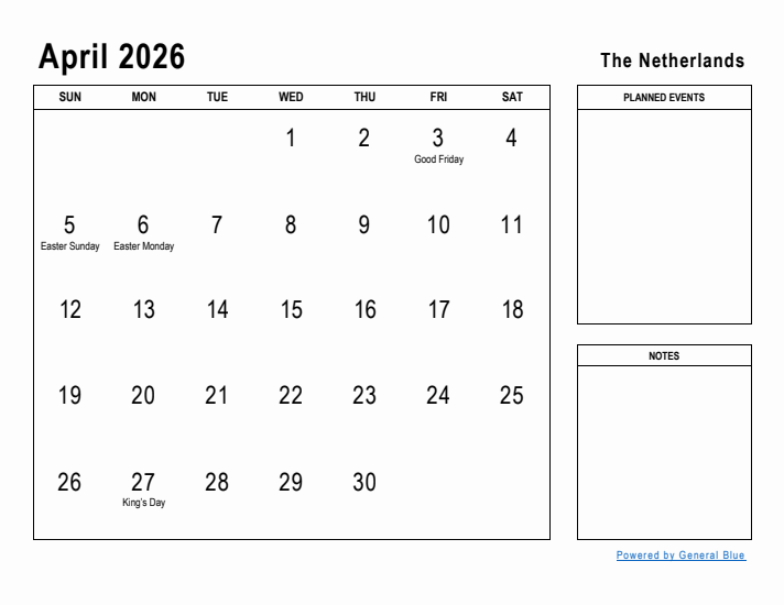 April 2026 Printable Monthly Calendar with The Netherlands Holidays