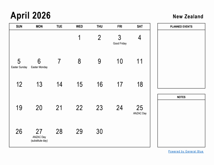 April 2026 Printable Monthly Calendar with New Zealand Holidays