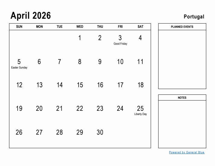 April 2026 Printable Monthly Calendar with Portugal Holidays