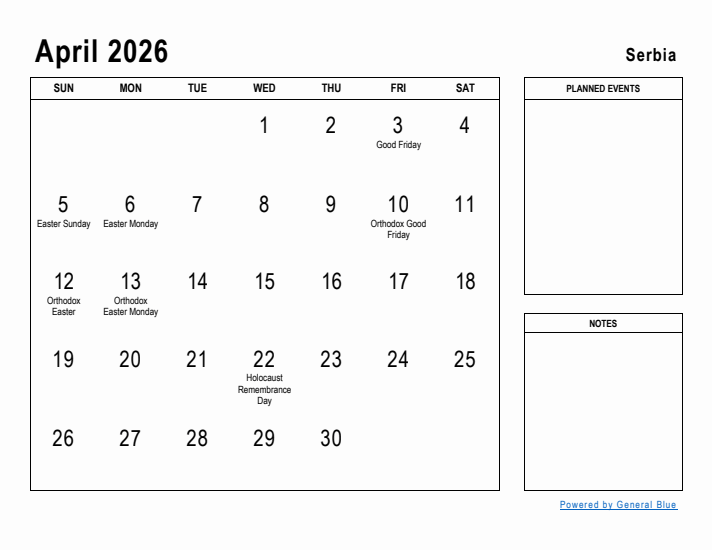 April 2026 Printable Monthly Calendar with Serbia Holidays