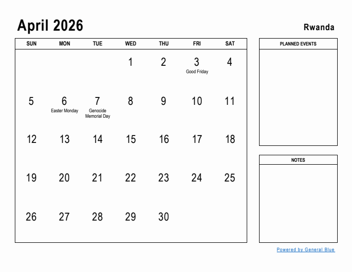 April 2026 Printable Monthly Calendar with Rwanda Holidays