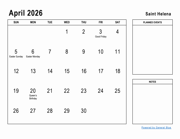 April 2026 Printable Monthly Calendar with Saint Helena Holidays