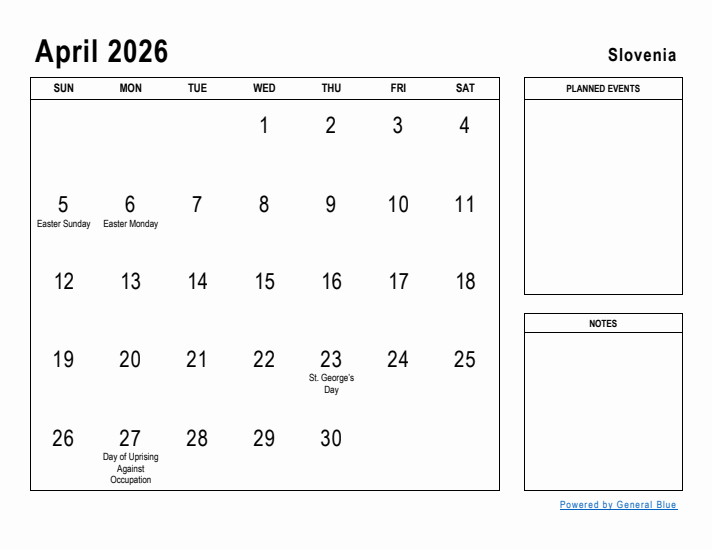 April 2026 Printable Monthly Calendar with Slovenia Holidays