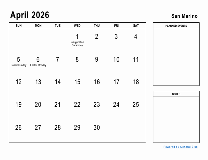 April 2026 Printable Monthly Calendar with San Marino Holidays