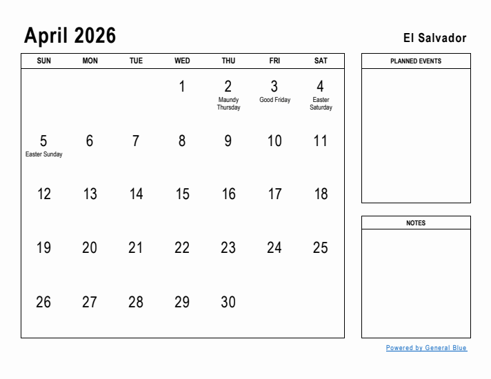 April 2026 Printable Monthly Calendar with El Salvador Holidays