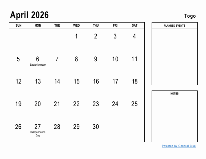 April 2026 Printable Monthly Calendar with Togo Holidays